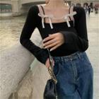 Cold-souder Bow Knit Top Black - One Size