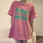 Elbow-sleeve Leopard Print T-shirt Rose Pink - One Size
