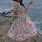 Puff-sleeve Floral Print A-line Dress Pink - One Size