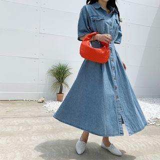 Flared Long Denim Shirtdress Blue - One Size
