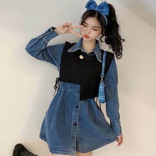 Long-sleeve Denim Mini Shirtdress / Cropped Sweater Vest