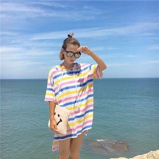 Short-sleeve Hooded Striped T-shirt Dress