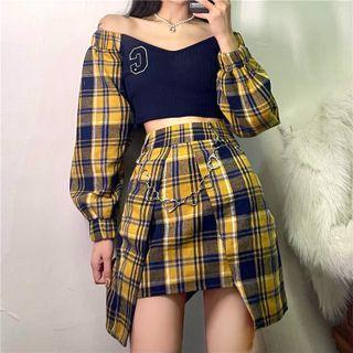 Set: Off-shoulder Letter Embroidered Plaid Blouse + A-line Skirt