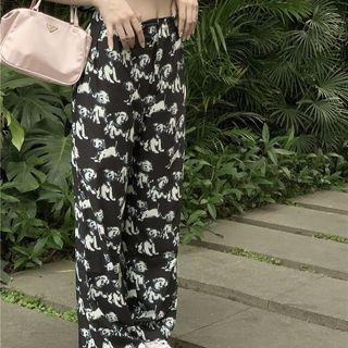 Short-sleeve Cropped T-shirt / Dog Print High Waist Wide Leg Pants