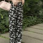 Short-sleeve Cropped T-shirt / Dog Print High Waist Wide Leg Pants