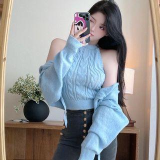 Set : Cardigan + Cropped Knit Tank Top Set Of 2 - Cardigan & Top - Blue - One Size