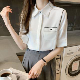 Elbow-sleeve Contrast Trim Chiffon Shirt