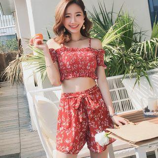 Set: Flower Print Cold Shoulder Bikini + Drawstring Shorts