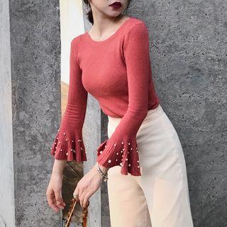 Plain Slim-fit Embellished Bell-sleeve Knit Top