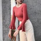 Plain Slim-fit Embellished Bell-sleeve Knit Top