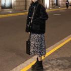 Floral Print Long-sleeve Midi A-line Dress / Fleece Jacket
