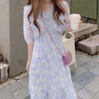 Elbow-sleeve Lace Trim Ruffle Midi A-line Dress