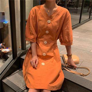 Single-breasted Elbow-sleeve A-line Dress