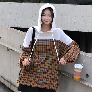 Plaid Panel Hoodie Plaid - Yellow - One Size