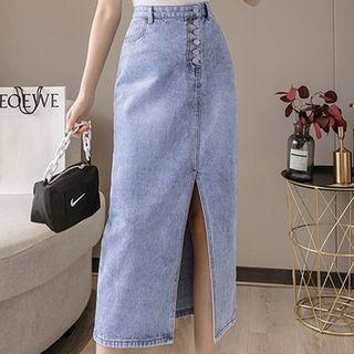 High-waist Slit Denim Straight-fit Skirt