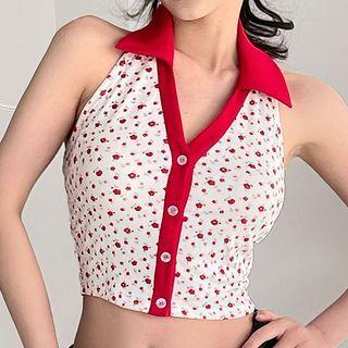 Collar Floral Cropped Halter Top