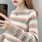 Mock-neck Floral Striped Sweater