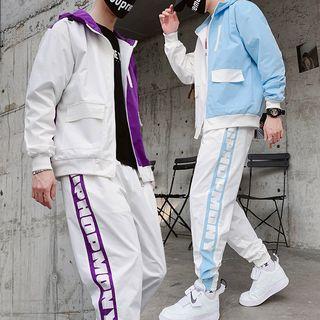 Set: Color Block Hooded Zip Jacket + Lettering Sweatpants