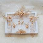 Set: Wedding Faux Pearl Branches Tiara + Hair Stick + Dangle Earring Set - Gold - One Size