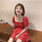 Puff-sleeve Dotted Mini Dress Red - One Size