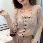 Long-sleeve Plain Button-up Light Knit Crop Top As Shown In Figure - One Size