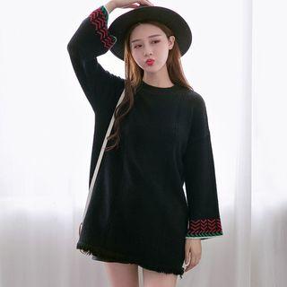 Patterned Fringed Long Sleeve Knit Dress