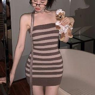 Strapless Striped Knit Mini Sheath Dress Coffee & Light Coffee - One Size