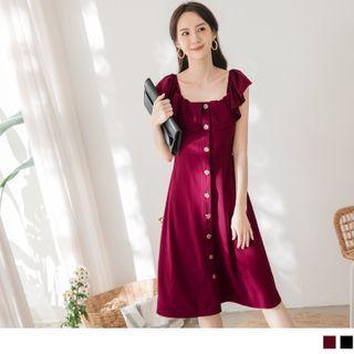 Cap Sleeve Square Neck Ruffled Button-up A-line Dress