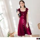 Cap Sleeve Square Neck Ruffled Button-up A-line Dress