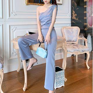 Set: Sleeveless One-shoulder Top + Wide-leg Pants