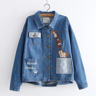 Bear Embroidered Denim Jacket Light Blue - One Size