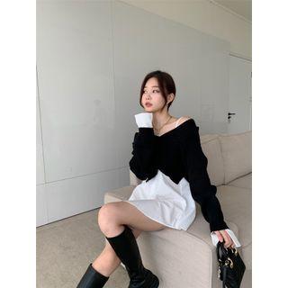 V-neck Cropped Sweater / Spaghetti Strap Button-up Mini Dress