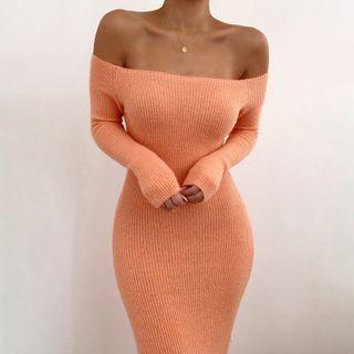 Off-shoulder Knit Midi Sheath Dress