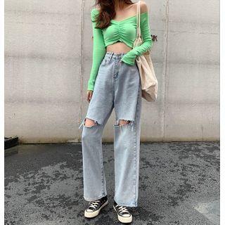 Distressed Cropped Wide-leg Jeans / Belt / Set