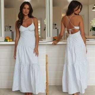 Spaghetti-strap Cross-back Striped Maxi A-line Dress
