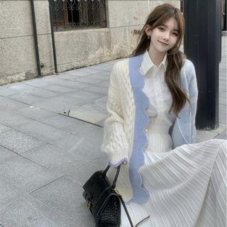 Gingham Panel Cable Knit Cardigan / Plain Shirt / Accordion Pleat Skirt