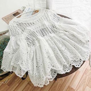Eyelet Lace Flared-sleeve Blouse White - One Size