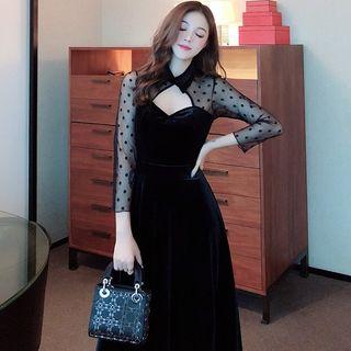 Long-sleeve Mesh Panel Open Front Midi A-line Dress