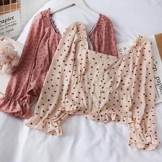 Heart-print Smocked Crop Blouse