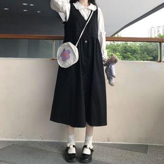 Ruffle Trim Blouse / Plain Midi A-line Overall Dress