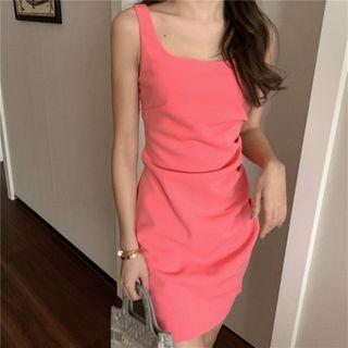 Plain Wide Strap Shirred Mini Sheath Dress