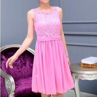 Sleeveless Lace-panel Chiffon Dress Pink - One Size