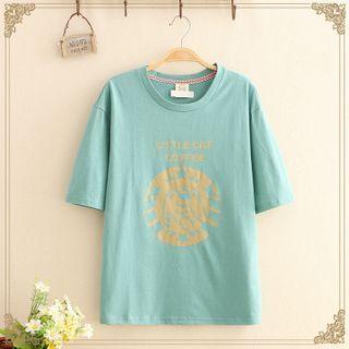 Cat Print Short-sleeve Tee Green - One Size