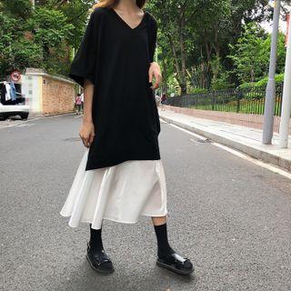 Mock Two-piece Elbow-sleeve Midi A-line Dress As Shown In Figure - One Size