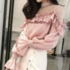Long-sleeve Lace Paneled Ruffled Star Patterned Blouse