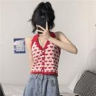 Collar V-neck Heart Jacquard Contrast Trim Knit Crop Vest Red - One Size