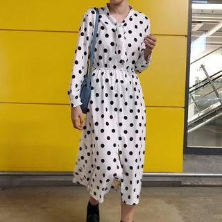 Polka Dot Long-sleeve Tie-neck A-line Dress