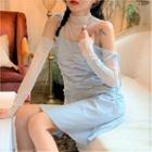 Long-sleeve Mesh T-shirt / Spaghetti Strap Crinkled Mini A-line Dress