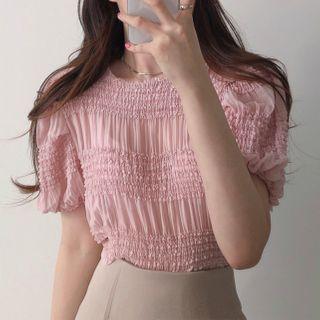 Short-sleeve Shirred Cropped Chiffon Blouse