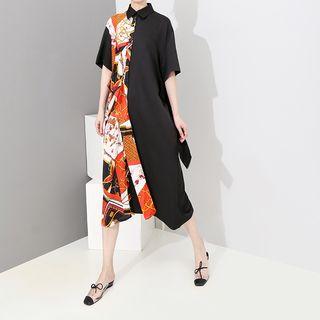 Short-sleeve Print Shirt Dress Black - One Size